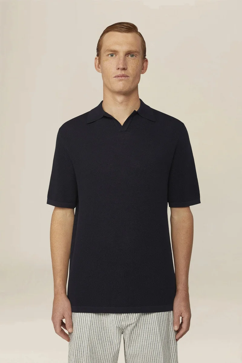 Men's polo shirt in 100% cotton honeycomb knit with Derby collar - Dk Blue