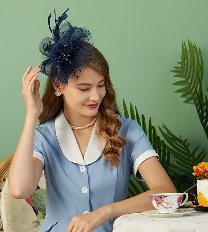 Cizoe Fascinators Hat for Women Tea Party Headband Kentucky Derby Wedding Flower Cocktail Mesh Feathers Hair Clip(1-Navy) - Image 3