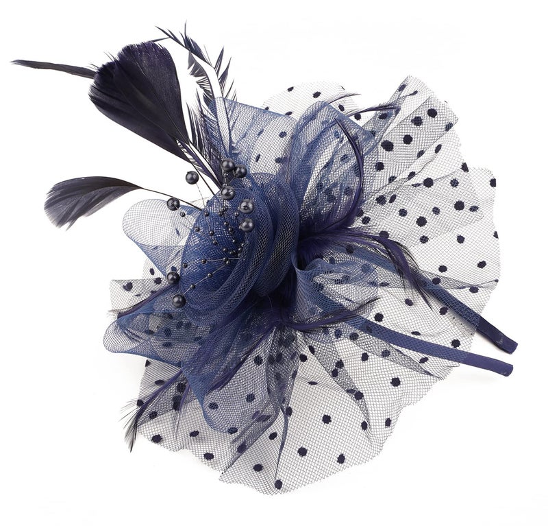 Cizoe Fascinators Hat for Women Tea Party Headband Kentucky Derby Wedding Flower Cocktail Mesh Feathers Hair Clip(1-Navy) - Image 4