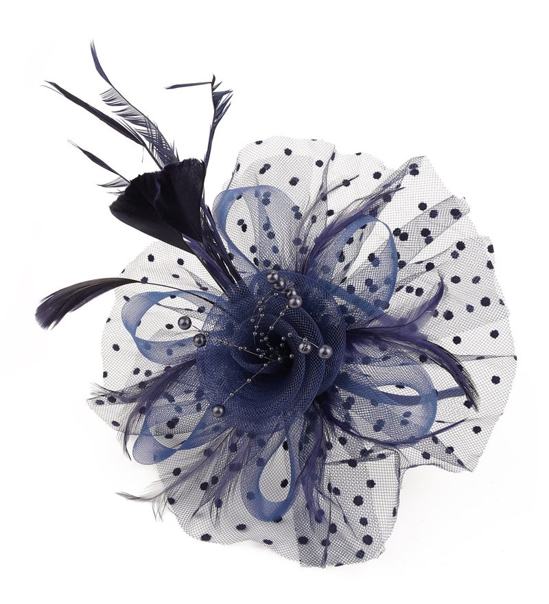 Cizoe Fascinators Hat for Women Tea Party Headband Kentucky Derby Wedding Flower Cocktail Mesh Feathers Hair Clip(1-Navy) - Image 5