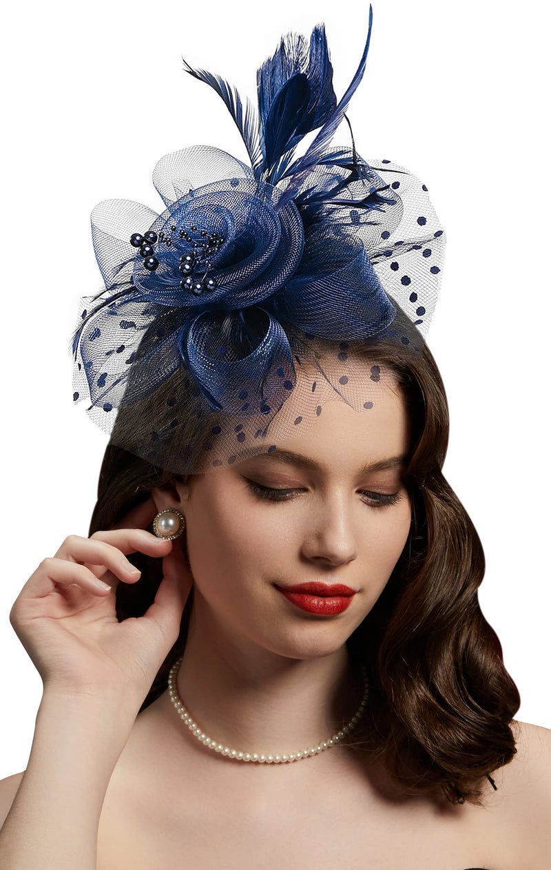 Cizoe Fascinators Hat for Women Tea Party Headband Kentucky Derby Wedding Flower Cocktail Mesh Feathers Hair Clip(1-Navy) - Image 1