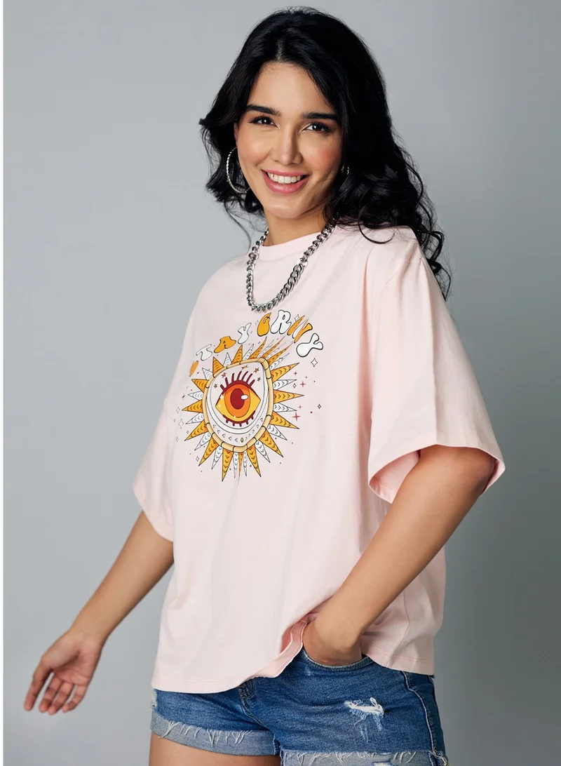 Zigzag Oversize Pink Stay Groovy Printed T-shirt