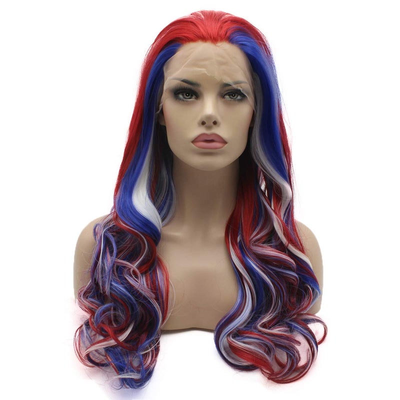 Lushy Lushy Long 24inch Wavy Three Tone Mix Blue White Red Wig Heavy Density Realistic Synthetic Lace Front Wig 