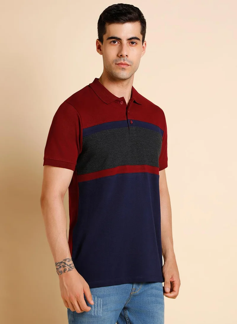 دينيس لينغو Maroon Colourblocked Regular Fit Polo Collar T-shirt for Men - 100% Cotton, Half Sleeves, Casual
