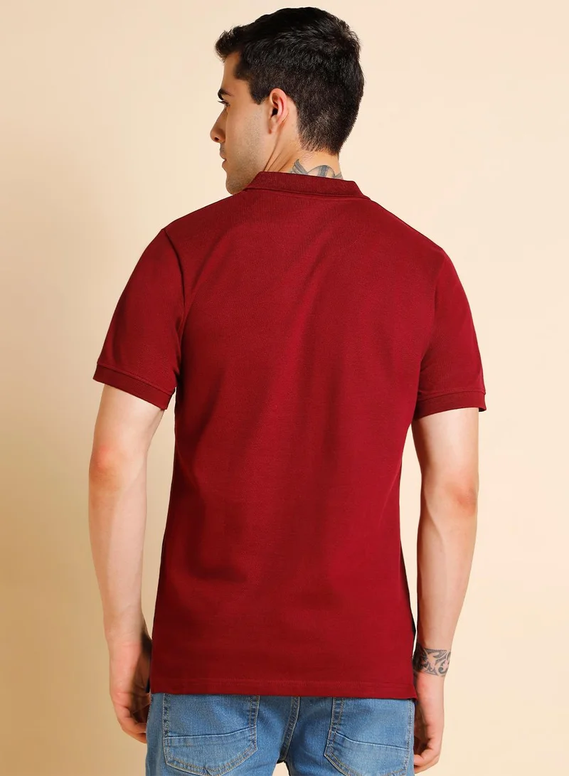 دينيس لينغو Maroon Colourblocked Regular Fit Polo Collar T-shirt for Men - 100% Cotton, Half Sleeves, Casual