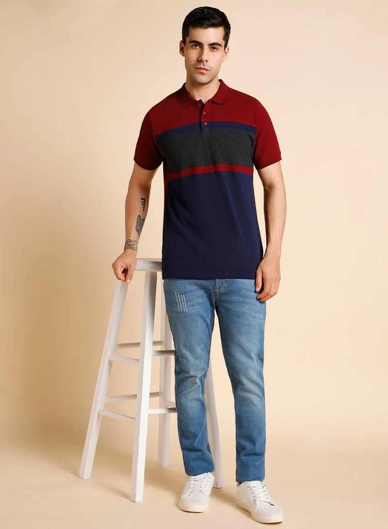 دينيس لينغو Maroon Colourblocked Regular Fit Polo Collar T-shirt for Men - 100% Cotton, Half Sleeves, Casual