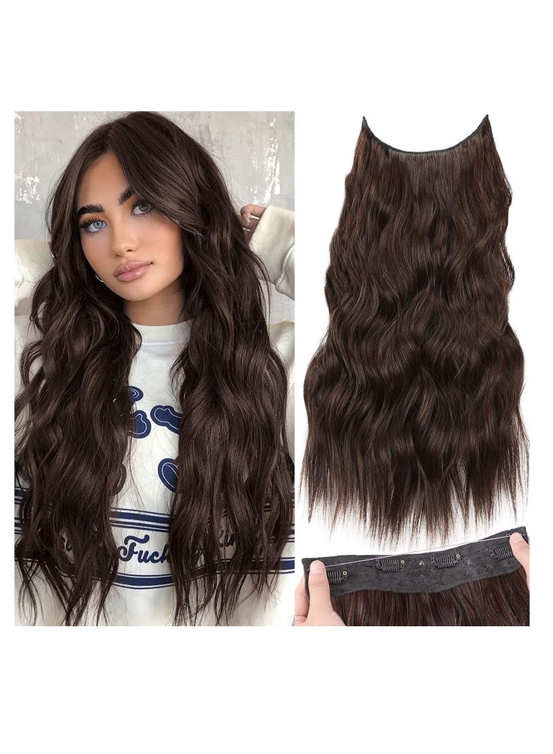 Loquat Invisible Wire Hair Extensions with Transparent Headband Adjustable Size 4 Secure Clips Long Wavy Secret Hairpiece 20 Inch Reddish Chocolate Brown for Women - Image 1