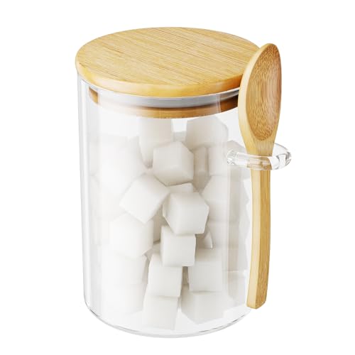 KOIKEY Sugar Jar Glass Salt Container15 Ounces Clear Airtight Caning with Bamboo Lid and Spoon Scoop Storage Overnight Oats Salts Coffee Bean Spice Creamer Food Organizer Pack of 1