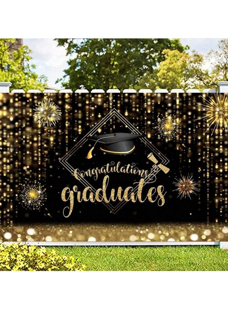 Graduation Decoration – Black and Gold Backdrop with the Phrase Congratulations Graduates and a Graduation Cap Design to Add a Special Touch to Your Graduation Party. Size: 110×180 cm.  - Image 2
