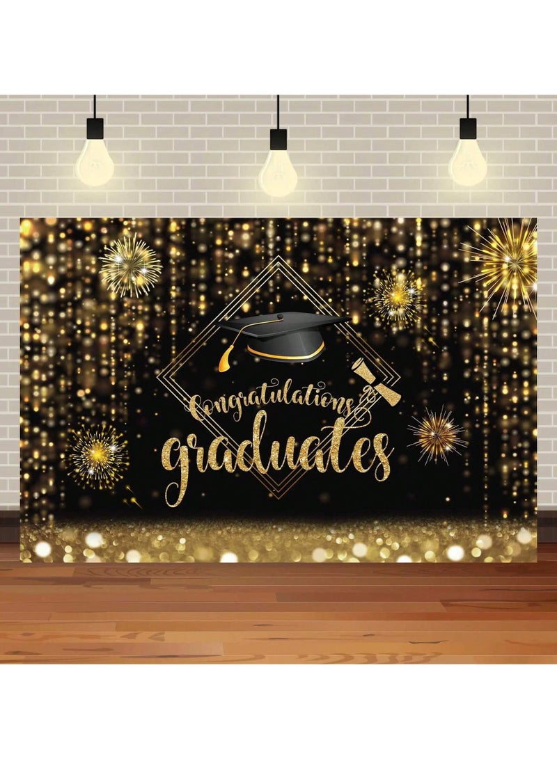 Graduation Decoration – Black and Gold Backdrop with the Phrase Congratulations Graduates and a Graduation Cap Design to Add a Special Touch to Your Graduation Party. Size: 110×180 cm.  - Image 1