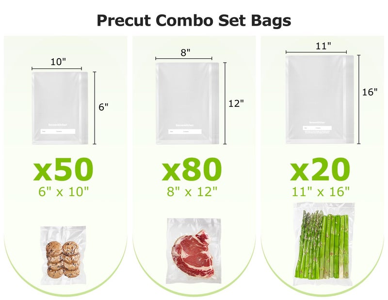 Bonsenkitchen Vacuum Sealer Bags, 20 Gallon 11" x 16"+ 80 Quart 8" x 12"+ 50 Pint 6" x 10", Commercial Grade, BPA Free, Food Sealer Bags for Vac Storage, Meal Prep or Sous Vide Cooking, VB15 - Image 2