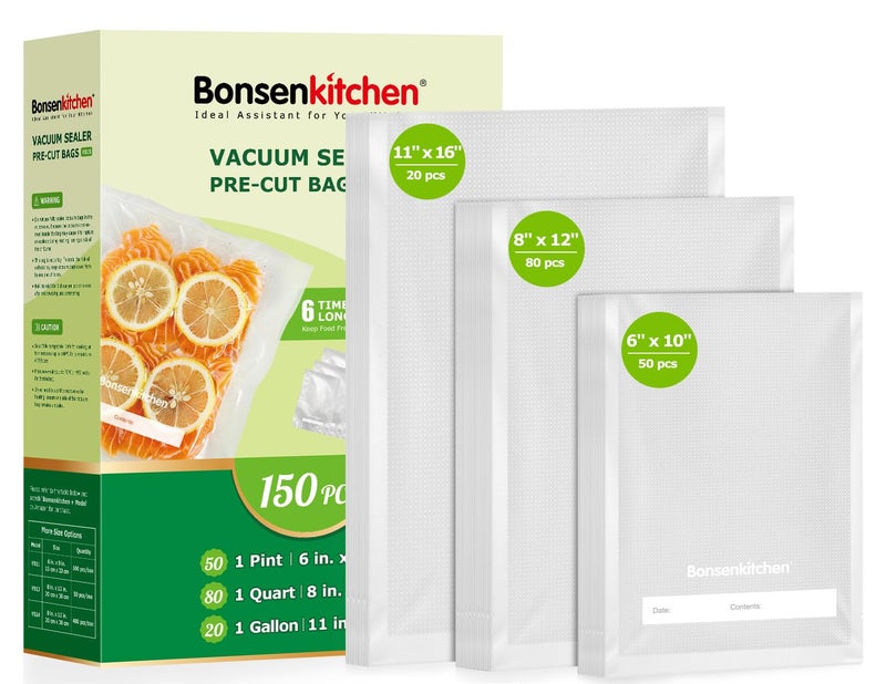 Bonsenkitchen Vacuum Sealer Bags, 20 Gallon 11" x 16"+ 80 Quart 8" x 12"+ 50 Pint 6" x 10", Commercial Grade, BPA Free, Food Sealer Bags for Vac Storage, Meal Prep or Sous Vide Cooking, VB15 - Image 1