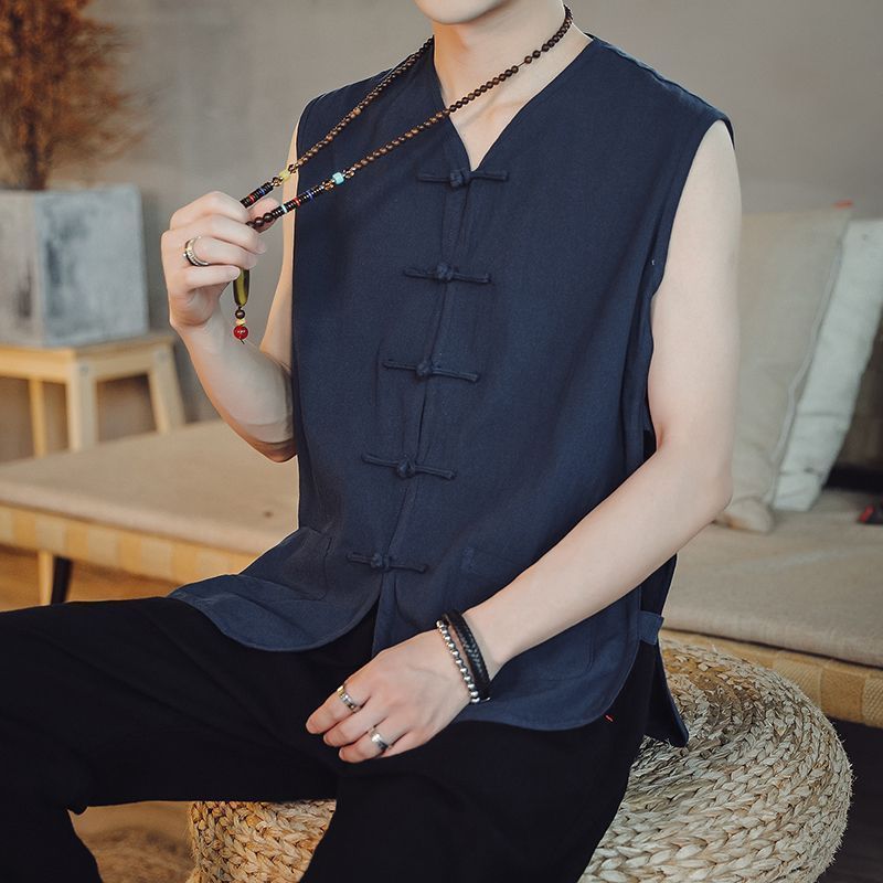 Chinese-style Vintage Tang Coat Buckle Vest Men's Thin Jacket Chinese-style Men's Ancient Clothes Sleeveless Vest Trendy Vest - Image 5