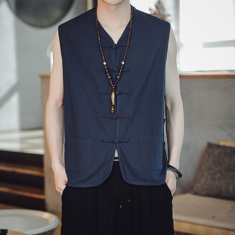 Chinese-style Vintage Tang Coat Buckle Vest Men's Thin Jacket Chinese-style Men's Ancient Clothes Sleeveless Vest Trendy Vest - Image 2