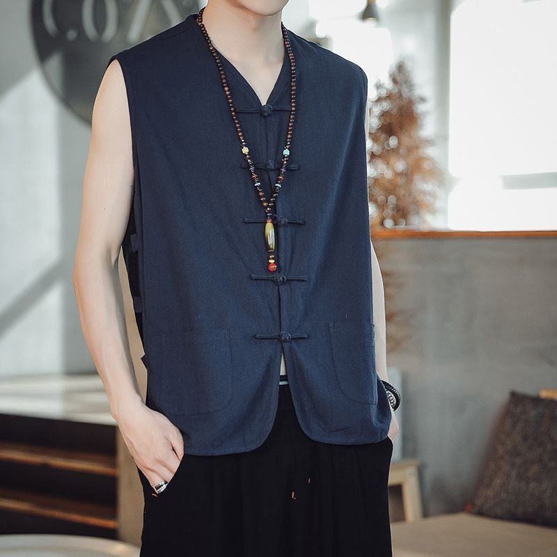 Chinese-style Vintage Tang Coat Buckle Vest Men's Thin Jacket Chinese-style Men's Ancient Clothes Sleeveless Vest Trendy Vest - Image 3