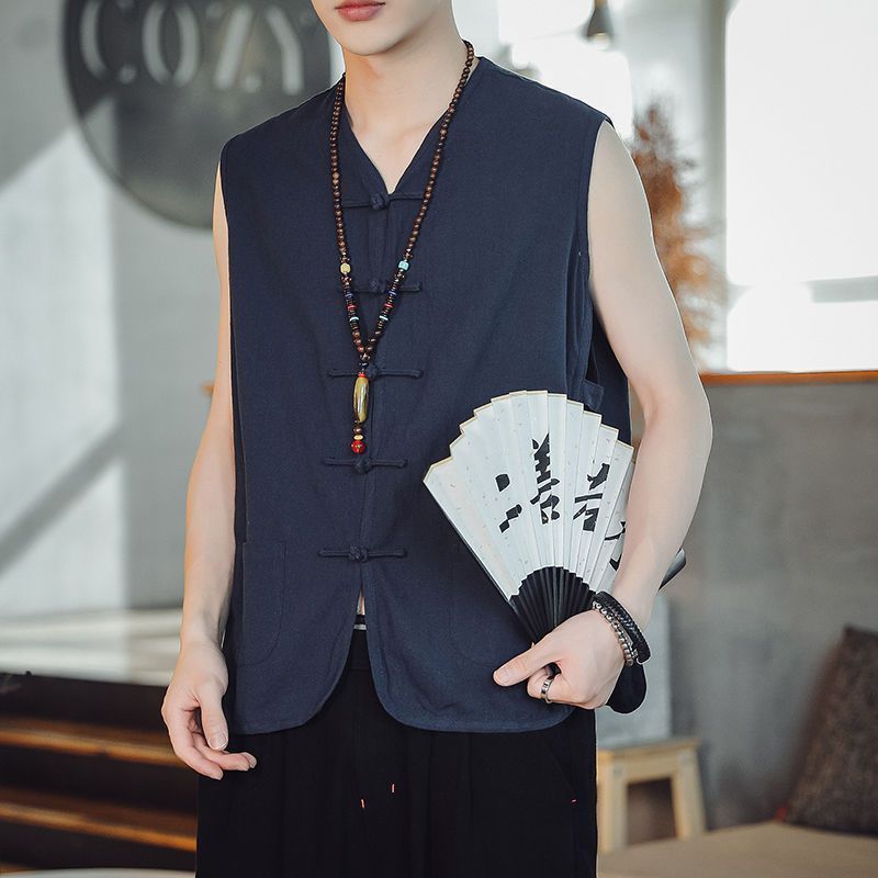 Chinese-style Vintage Tang Coat Buckle Vest Men's Thin Jacket Chinese-style Men's Ancient Clothes Sleeveless Vest Trendy Vest - Image 4