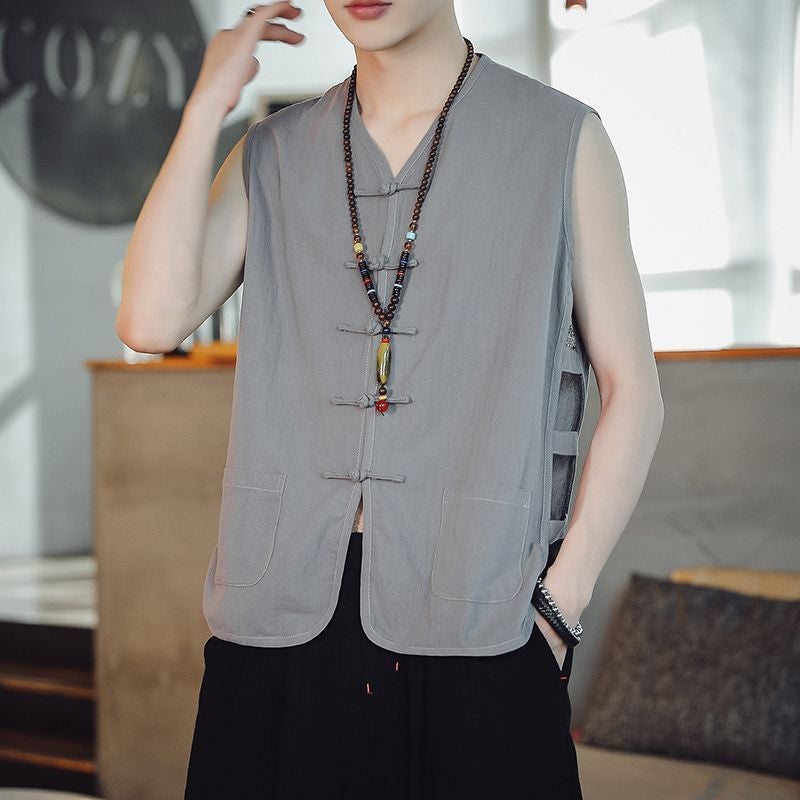 Chinese-style Vintage Tang Coat Buckle Vest Men's Thin Jacket Chinese-style Men's Ancient Clothes Sleeveless Vest Trendy Vest - Image 1