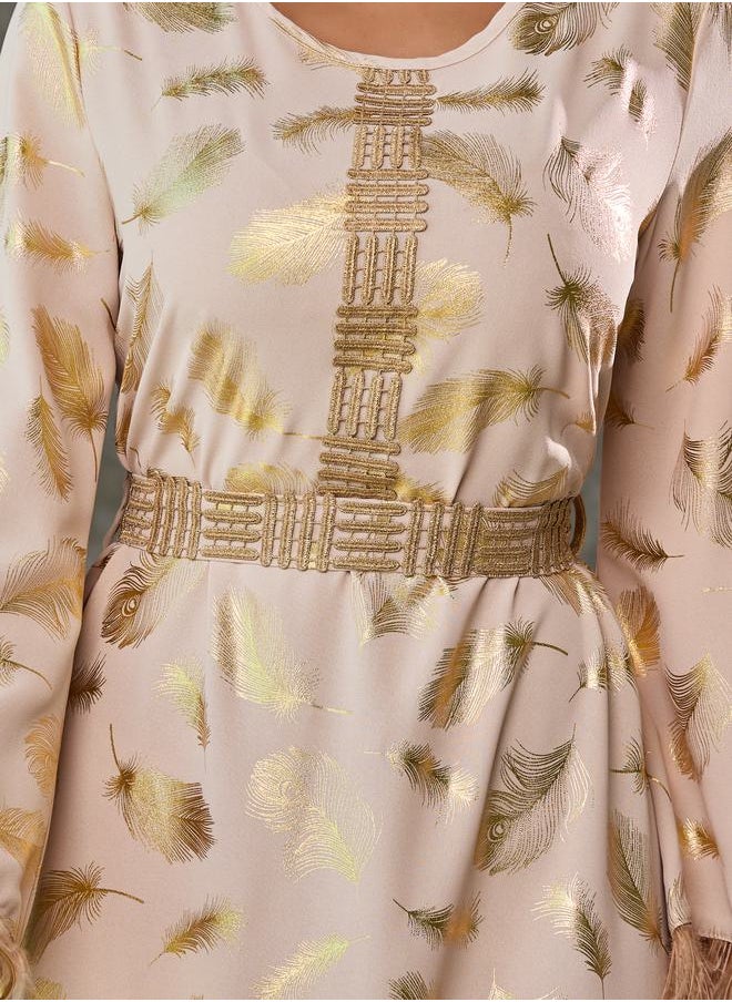 Styli - Faux Feather Trim Sleeves Foil Print Jalabiya with Embroidered Lace Detail - Image 1