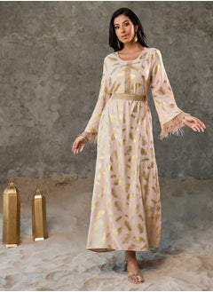 Faux Feather Trim Sleeves Foil Print Jalabiya with Embroidered Lace Detail