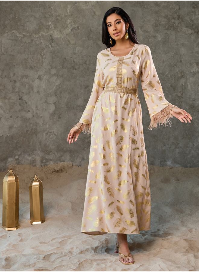 Styli - Faux Feather Trim Sleeves Foil Print Jalabiya with Embroidered Lace Detail - Image 1
