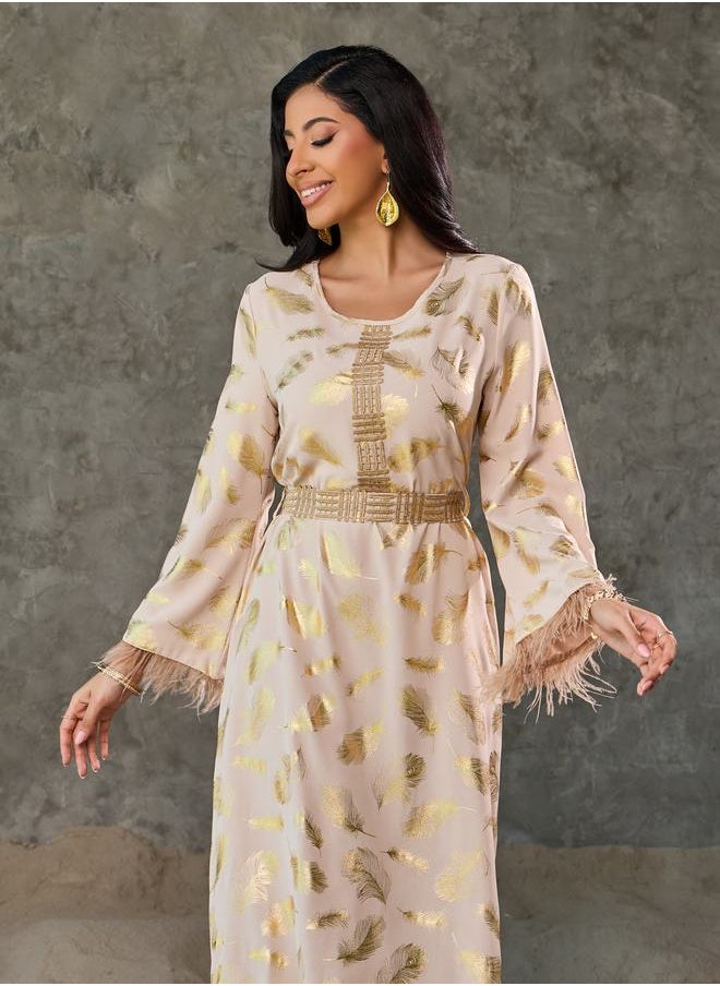 Styli - Faux Feather Trim Sleeves Foil Print Jalabiya with Embroidered Lace Detail - Image 1