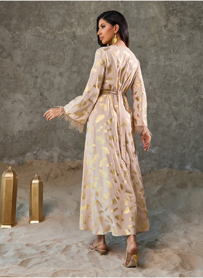 Styli - Faux Feather Trim Sleeves Foil Print Jalabiya with Embroidered Lace Detail - Image 1