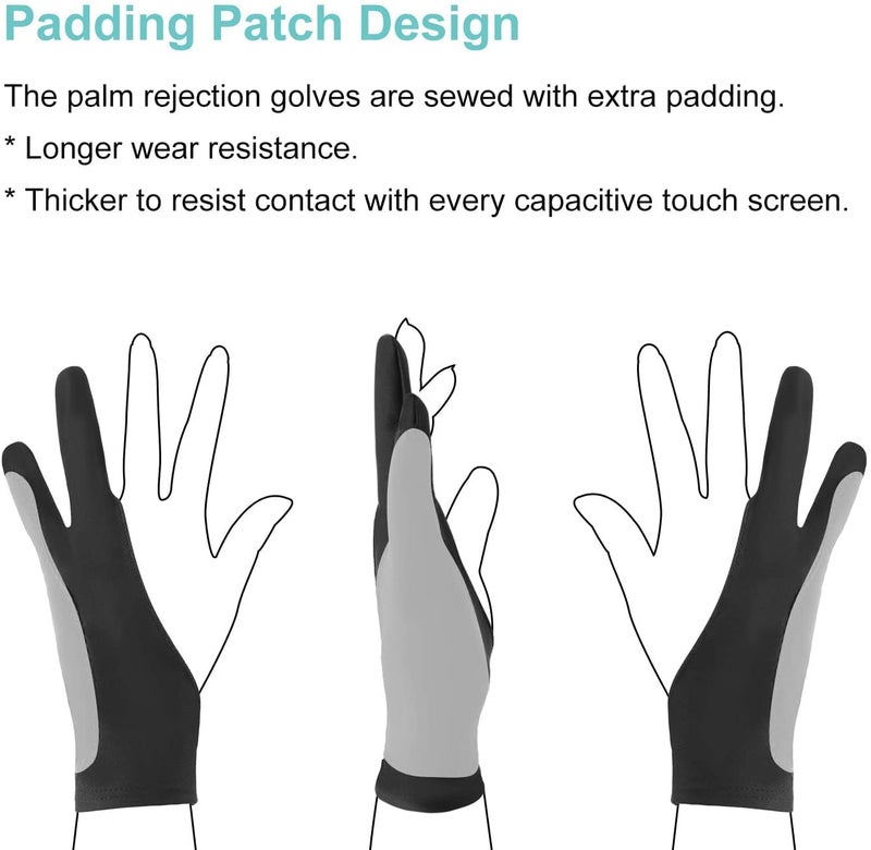 Mizi Palm Rejection Artist Gloves, Two Fingers Anti Smudge Free Size for Digital Graphics Monitor, Drawing Tablet, Sketching, iPad, Suitable for Left and Right Hand - Black - Image 3