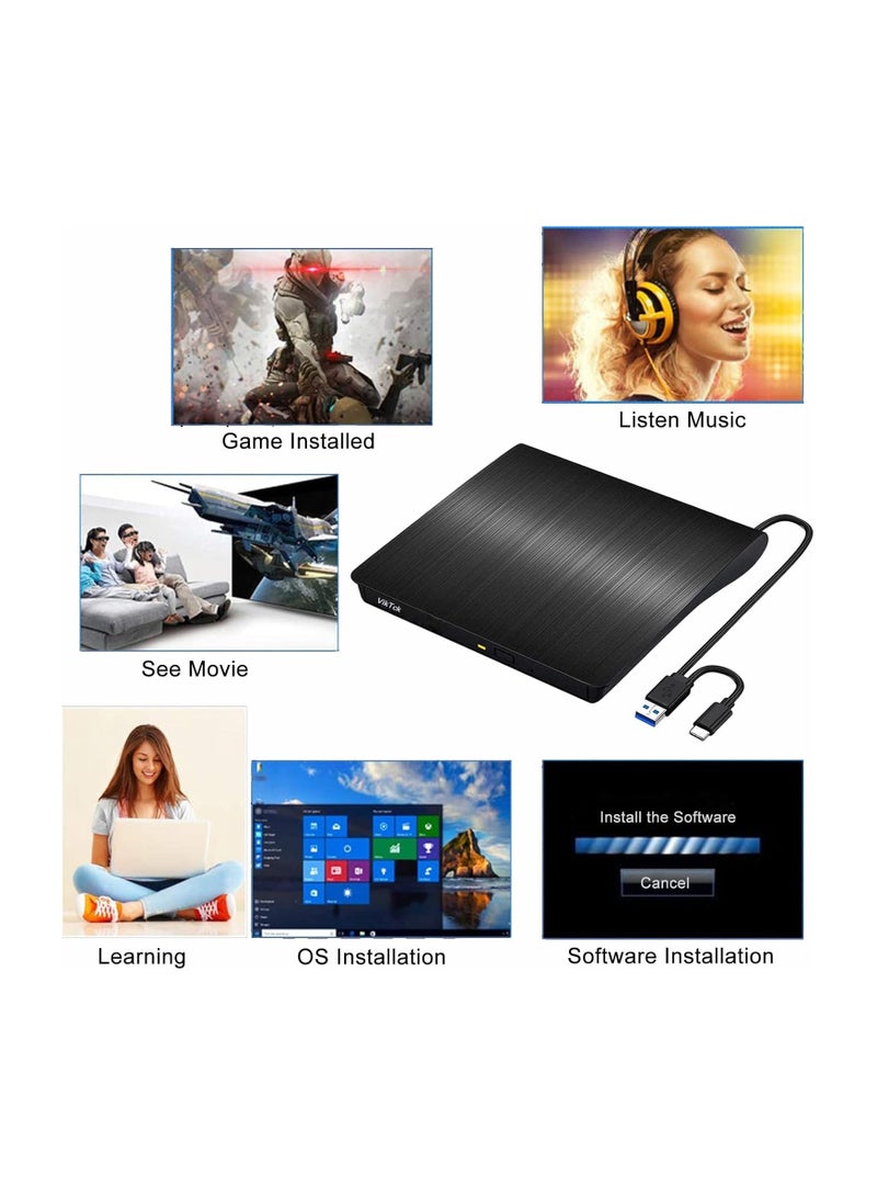 ikTck External CD DVD Drive Type-C USB 3.0 Portable CD DVD Burner/Writer Optical Drive Player Reader for MacBook Pro Air iMac Laptop Desktop PC Windows 11/10/8/7 Linux Mac OS - Image 2