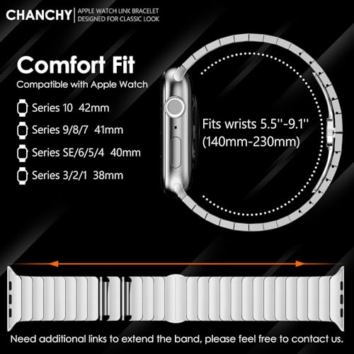 CHANCHY Stainless Steel Band Compatible for Apple Watch Band 38mm 40mm 41mm 42mm, Link Bracelet Metal Strap with Folding Clasp for iWatch Series 11 10 9 8 7 6 5 4 3 2 1 SE/SE2/SE3 Women Men, Silver - Image 5