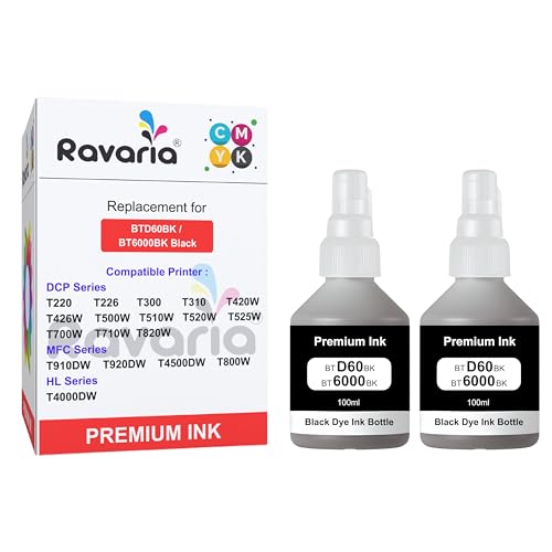 Ravaria BT-D60BK / BT6000 and BT5000CMY Compatible Ink for Brother Printer T220, T420, T520, T820, T920, T510, T910, T710, T4000W, T4500W, T300W, T800W (BT-D60BK / BT6000 Black 2 Pcs Pack) - Image 1
