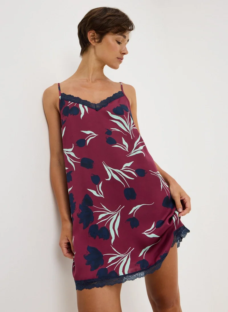 ماتلان Burgundy Satin Printed Lace Chemise Nightie