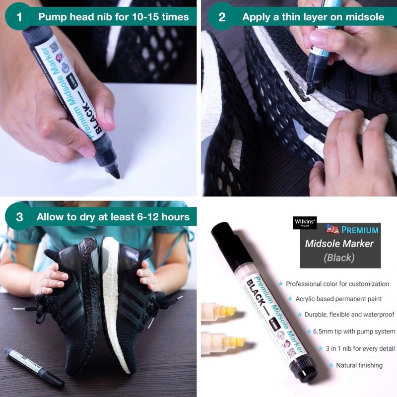 Wilkins Premium Midsole Marker for Customization Paint on Leather, Suede, Fabric and Soft Foam for 2-4 Pair of Shoes (Black) - Image 5