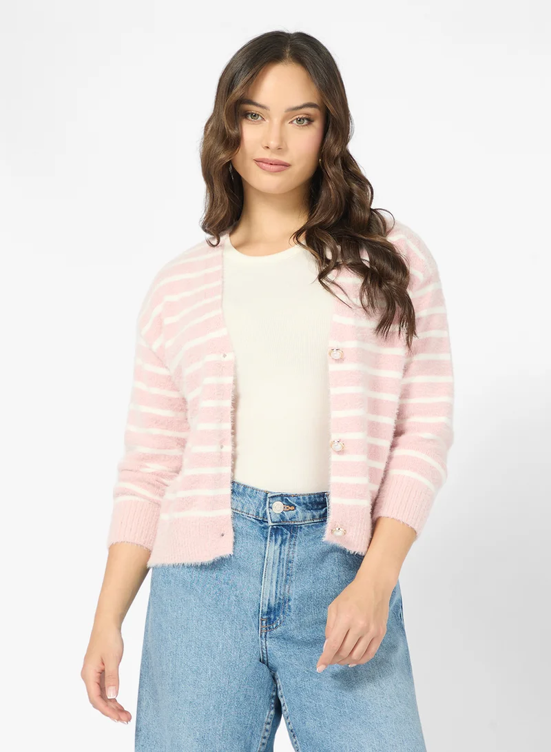 جينجر Classic Stripe Button Through Cardigan