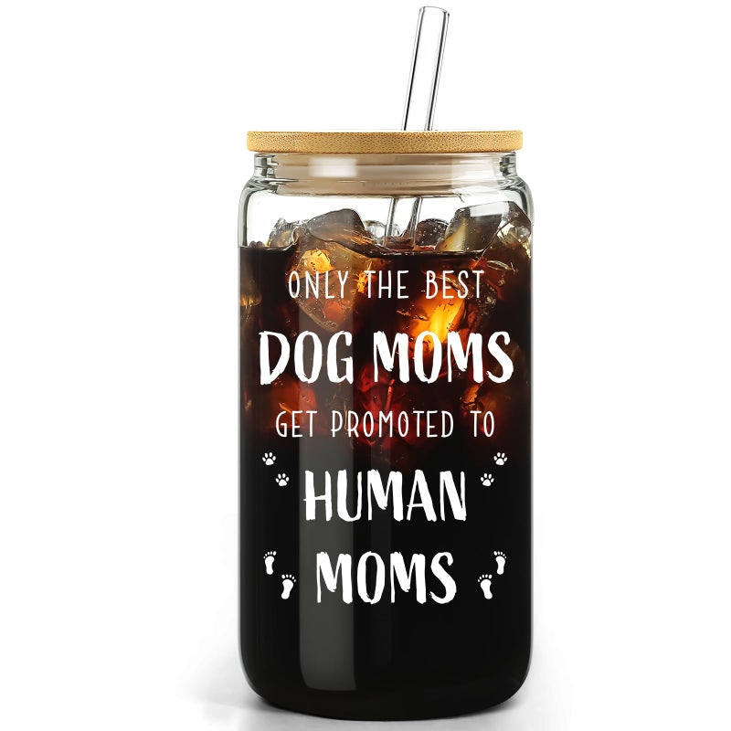 Patouque New Mom Gifts for Pregnant Women, 16oz Drinking Glass Cup with Lid and Straw, Funny Dog Mom Pregnancy Gift for Expecting Mom, Mother to be - Postpartum, Mothers Day, Birthday Gifts for First Time Moms  - Image 1