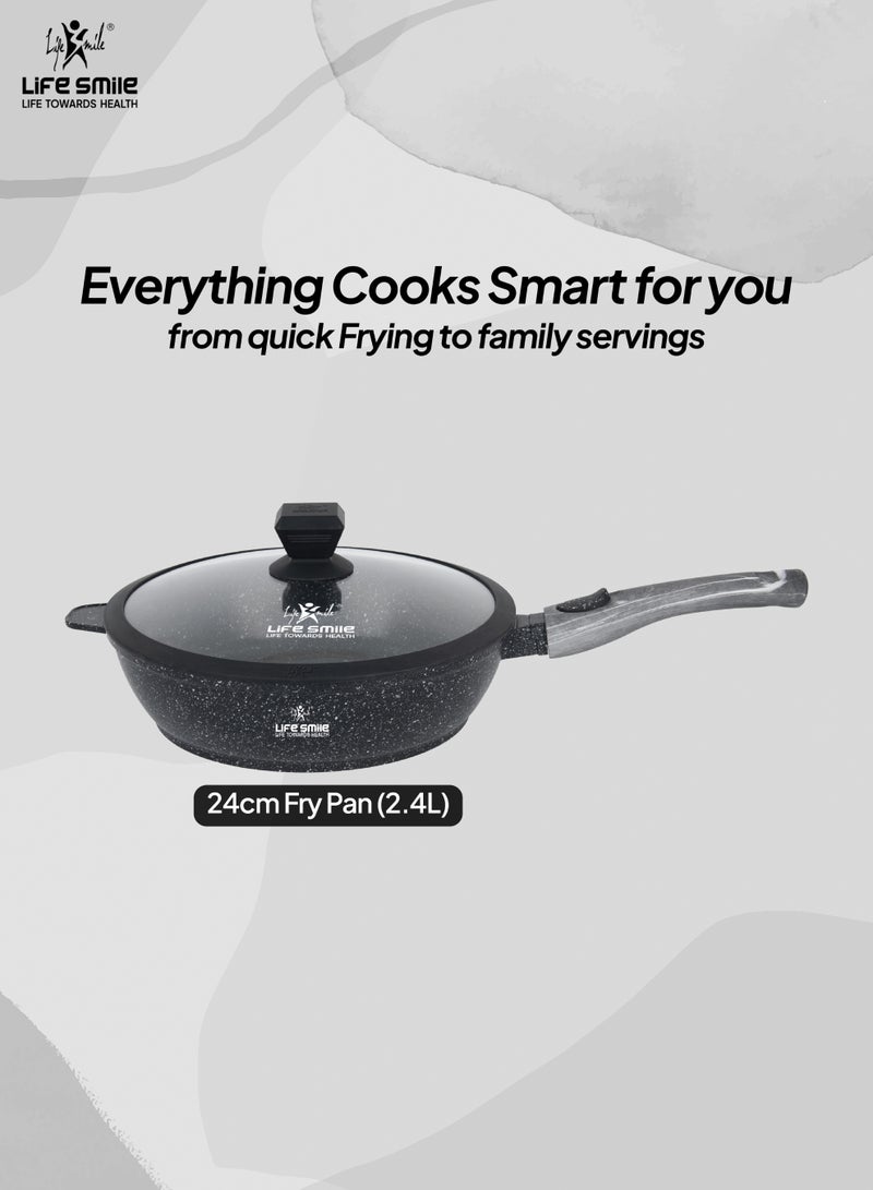 Life Smile 24cm Fry Pan (2.4L) Non-Stick Granite Cookware with Glass Lid - Image 2