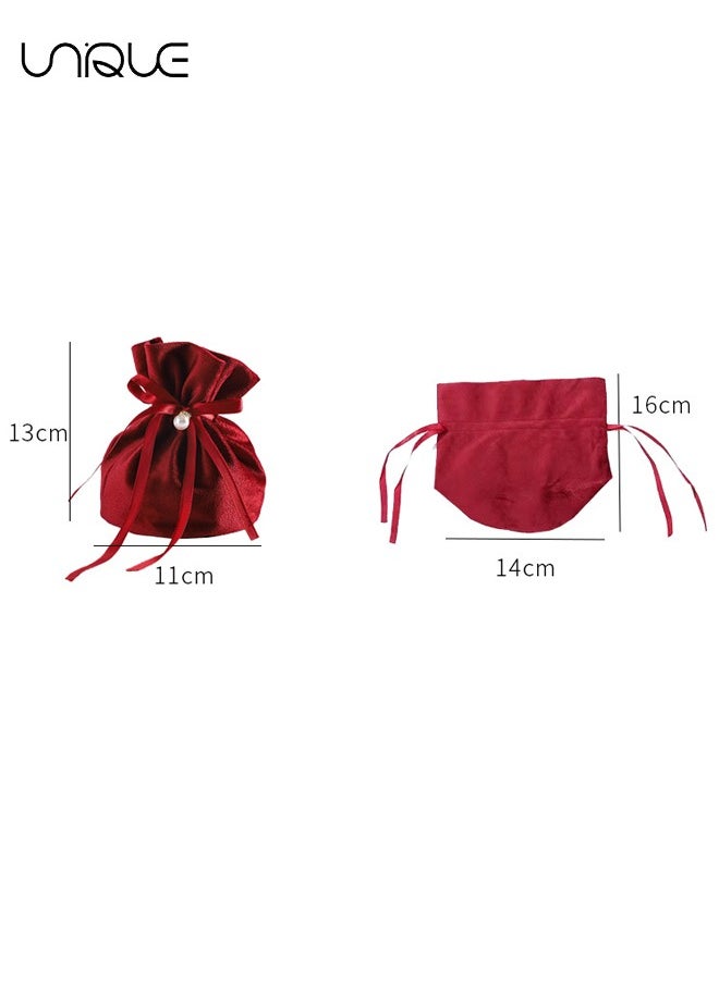 Unique 10 Pcs Velvet Bags, Round Bottom Drawstring Velvet Cloth Gift Pouches Jewelry Candy Gift Bags with Imitation Pearl Charm for Wedding Birthday Party Favors - Red  - Image 2