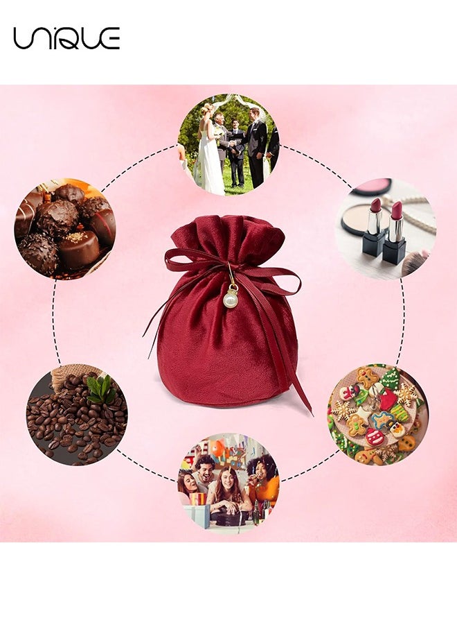Unique 10 Pcs Velvet Bags, Round Bottom Drawstring Velvet Cloth Gift Pouches Jewelry Candy Gift Bags with Imitation Pearl Charm for Wedding Birthday Party Favors - Red  - Image 5