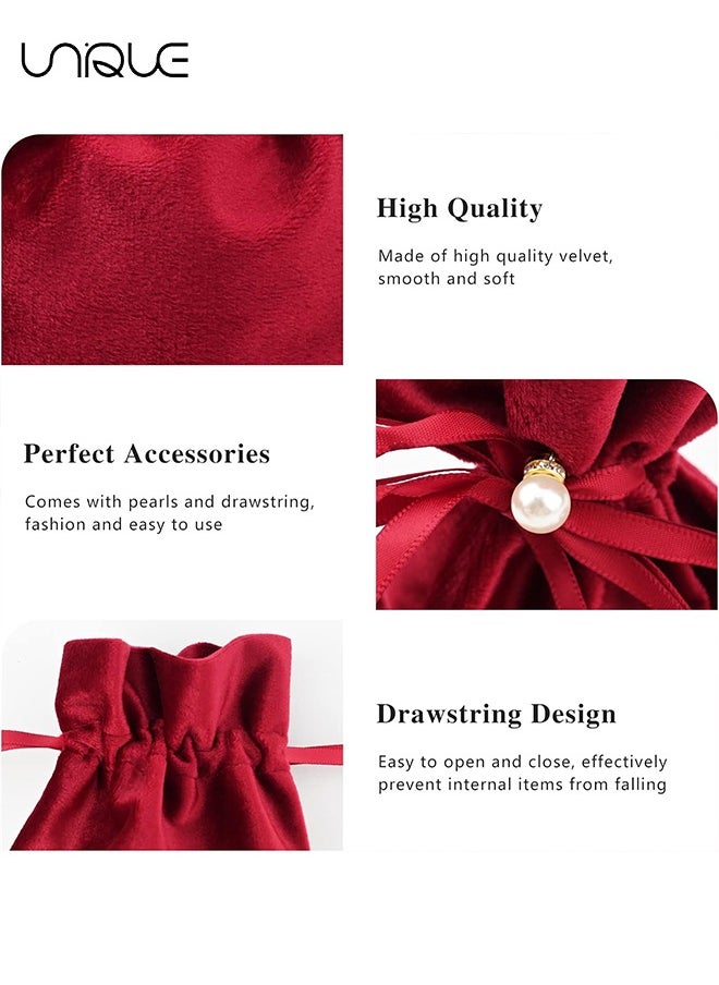 Unique 10 Pcs Velvet Bags, Round Bottom Drawstring Velvet Cloth Gift Pouches Jewelry Candy Gift Bags with Imitation Pearl Charm for Wedding Birthday Party Favors - Red  - Image 4