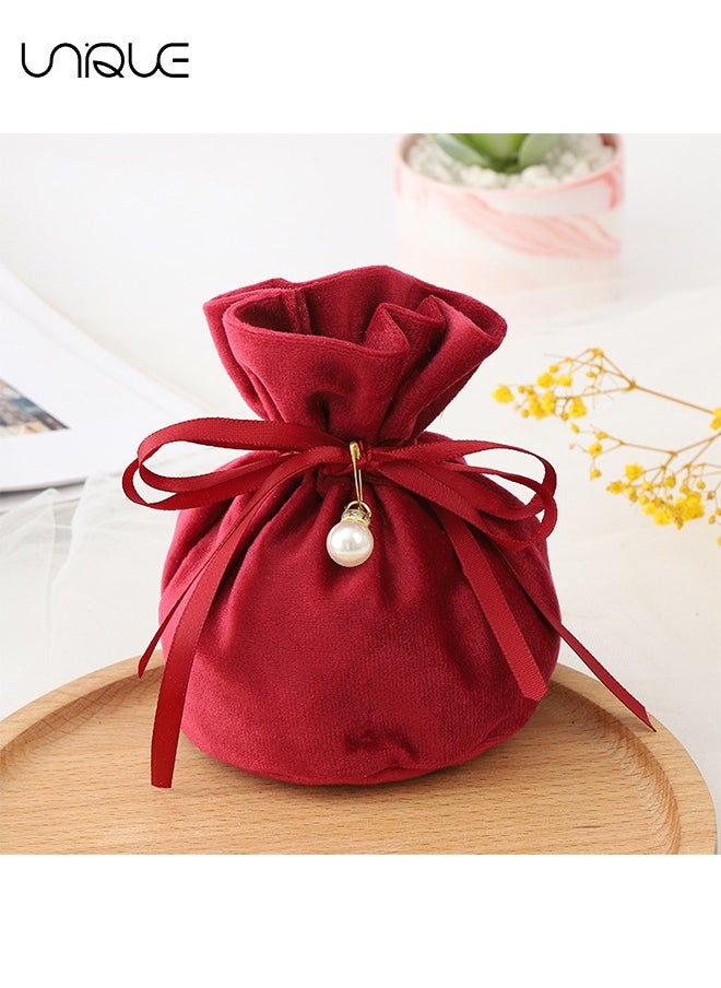 Unique 10 Pcs Velvet Bags, Round Bottom Drawstring Velvet Cloth Gift Pouches Jewelry Candy Gift Bags with Imitation Pearl Charm for Wedding Birthday Party Favors - Red  - Image 3