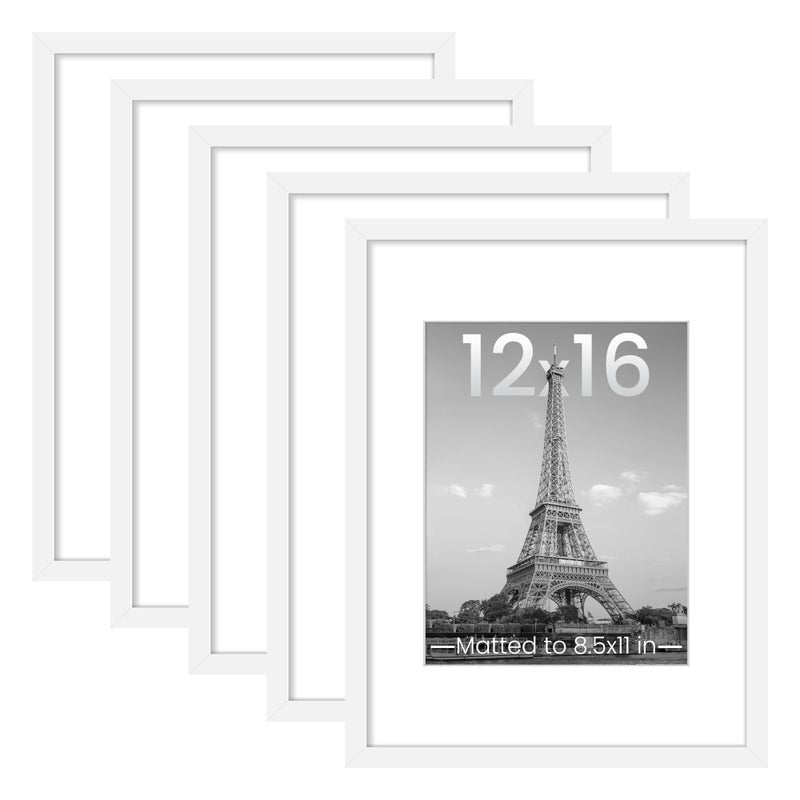 upsimples 12x16 Picture Frame Set of 5 Display Pictures 85x11 with Mat or 12 x 16 Without Wall Gallery Poster Frames White