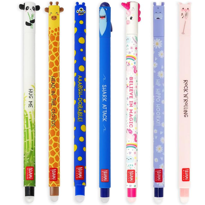 Legami Set of 7 Erasable Gel Pens with Thermosensitive Erase Ink Range of ink colours barrel designs 07mm Tip Animal Designs - Image 1