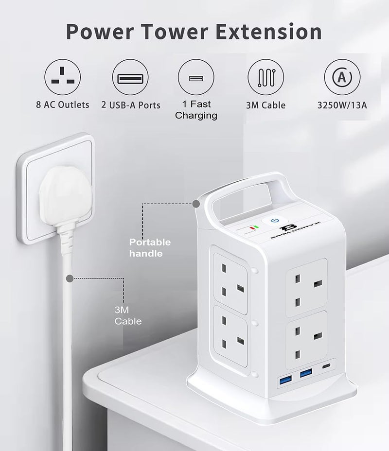 BROADONYX Extension Cord with USB and type C 3 Meter long power Extension cord Power Strip Multiple Plug Heavy Duty 20w Extension Lead 3250W 13A 250V With Surge Protector تمشترك كهرباء توصيلة كهرباء 3 متر - Image 5