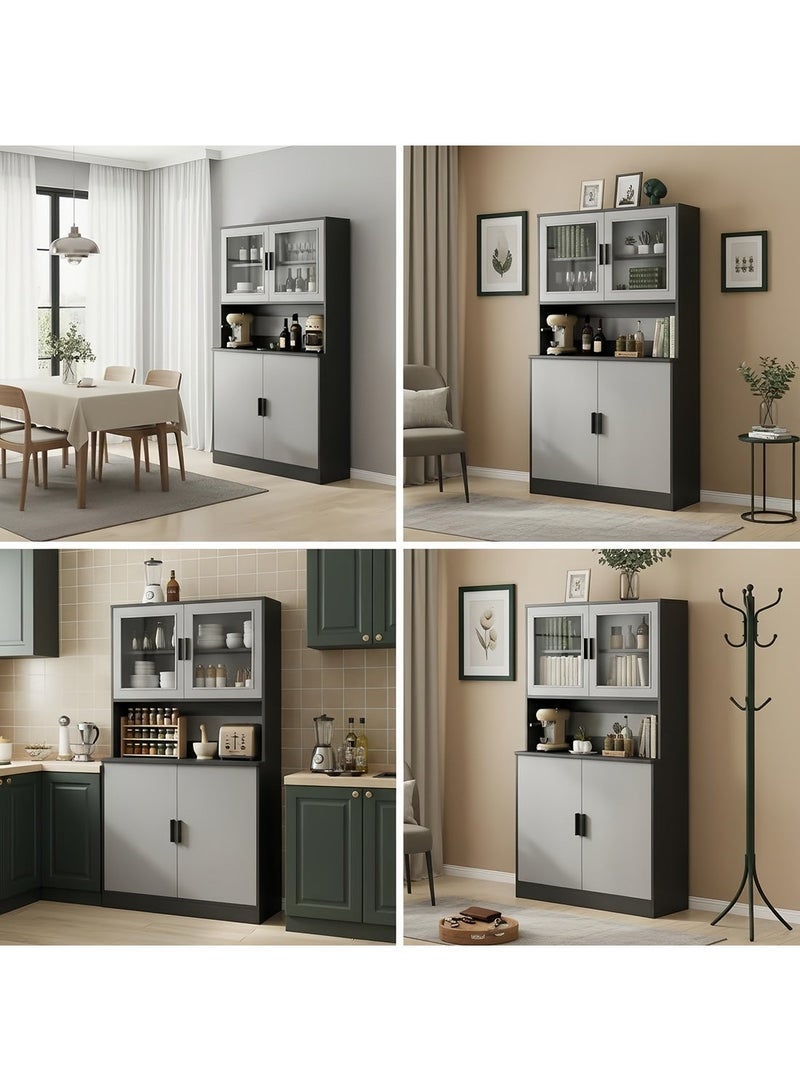 شاربدو خزانة بوفيه مطبخ عصرية بارتفاع 180 سم، مزودة بأبواب زجاجية، ورف مفتوح للميكروويف، ووحدة تخزين مغلقة، أبعادها 80×32×180 سم، وهي خزانة جانبية قائمة بذاتها مناسبة لغرفة الطعام، وغرفة المعيشة، والمطبخ. - Image 4