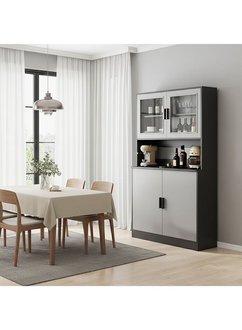 شاربدو خزانة بوفيه مطبخ عصرية بارتفاع 180 سم، مزودة بأبواب زجاجية، ورف مفتوح للميكروويف، ووحدة تخزين مغلقة، أبعادها 80×32×180 سم، وهي خزانة جانبية قائمة بذاتها مناسبة لغرفة الطعام، وغرفة المعيشة، والمطبخ. - Image 1