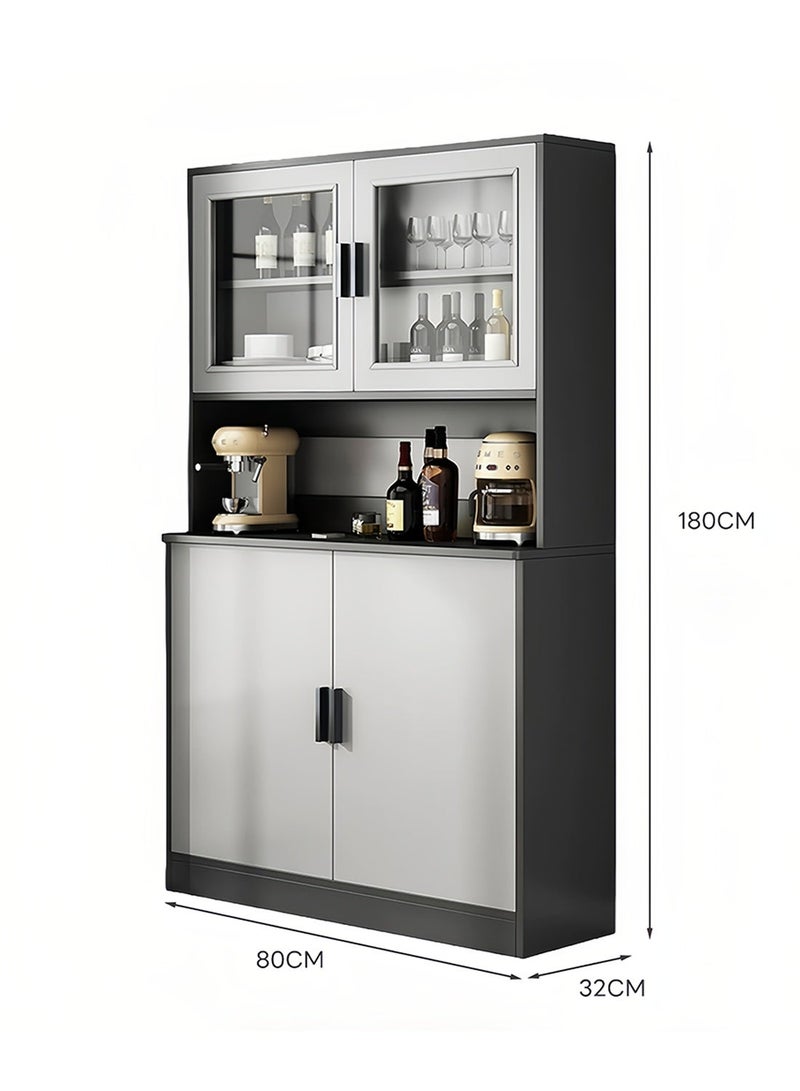 شاربدو خزانة بوفيه مطبخ عصرية بارتفاع 180 سم، مزودة بأبواب زجاجية، ورف مفتوح للميكروويف، ووحدة تخزين مغلقة، أبعادها 80×32×180 سم، وهي خزانة جانبية قائمة بذاتها مناسبة لغرفة الطعام، وغرفة المعيشة، والمطبخ. - Image 2