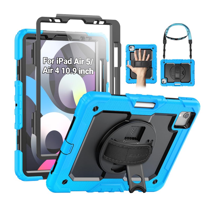 SEYMAC Case for iPad Air 5th/ 4th Generation 10.9", Full-Body Shockproof Protective Case with Screen Protector, Rotating Stand/Handle/Shoulder Strap/Pencil Holder for iPad Air 5/ Air 4, Sky Blue - Image 1