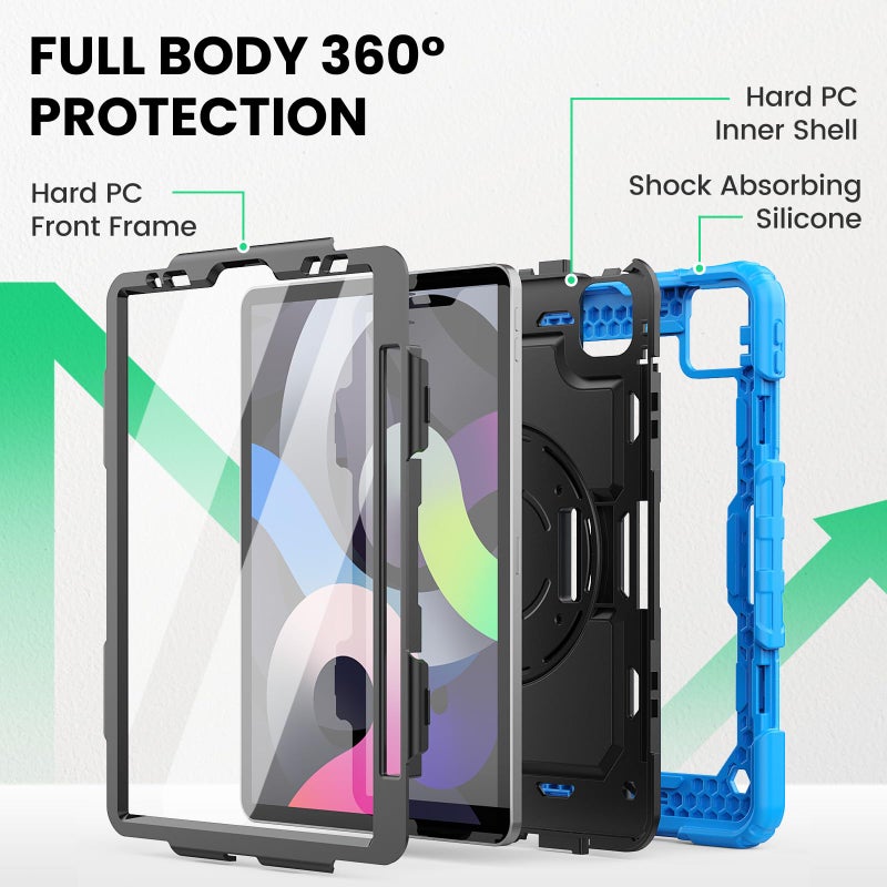 SEYMAC Case for iPad Air 5th/ 4th Generation 10.9", Full-Body Shockproof Protective Case with Screen Protector, Rotating Stand/Handle/Shoulder Strap/Pencil Holder for iPad Air 5/ Air 4, Sky Blue - Image 5