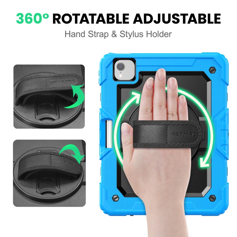 SEYMAC Case for iPad Air 5th/ 4th Generation 10.9", Full-Body Shockproof Protective Case with Screen Protector, Rotating Stand/Handle/Shoulder Strap/Pencil Holder for iPad Air 5/ Air 4, Sky Blue - Image 3