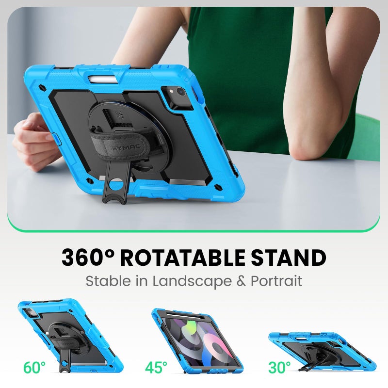 SEYMAC Case for iPad Air 5th/ 4th Generation 10.9", Full-Body Shockproof Protective Case with Screen Protector, Rotating Stand/Handle/Shoulder Strap/Pencil Holder for iPad Air 5/ Air 4, Sky Blue - Image 4