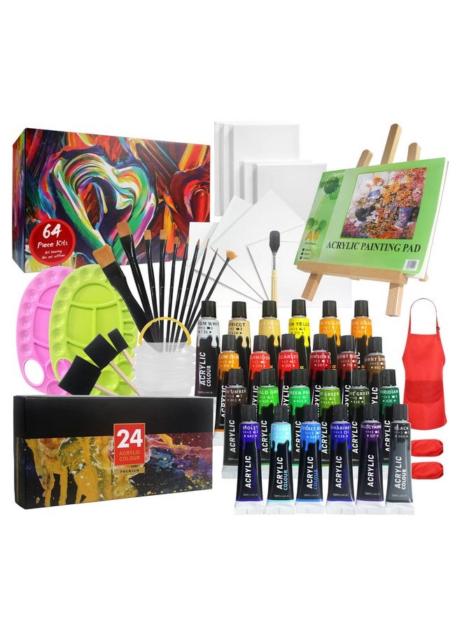 Colorful - Acrylic Painting Kit 64 Piece Kids Painting Set With Walnut Easel 24 Colors Acrylic Paint Canvas Palette Brushes Apron And Sleeve Set Art Painting Supplies Kit Perfect For Kids - Image 1